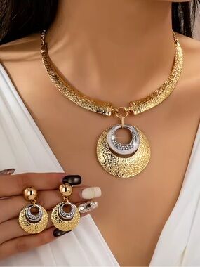 Vintage Riviera Gold Medallion Necklace & Earring Set